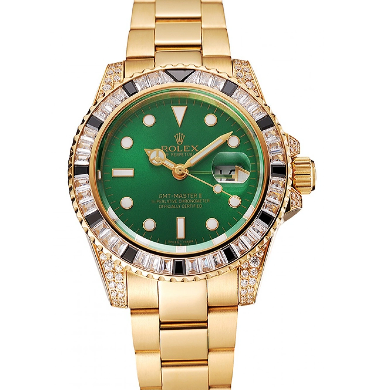 MiroTime 1014 Swiss Rolex GMT Master II Green Dial Stone Set Bezel Gold Case And Bracelet 1453748